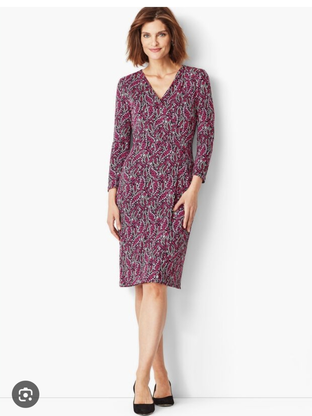 Talbots Pink Patterned Long Sleeve V‑Neck Sheath Dress